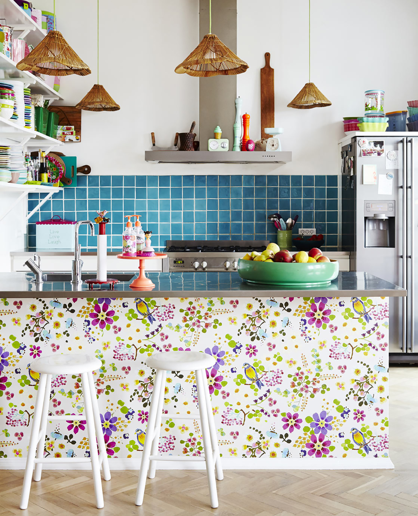 Wallpaper underneath an island counter