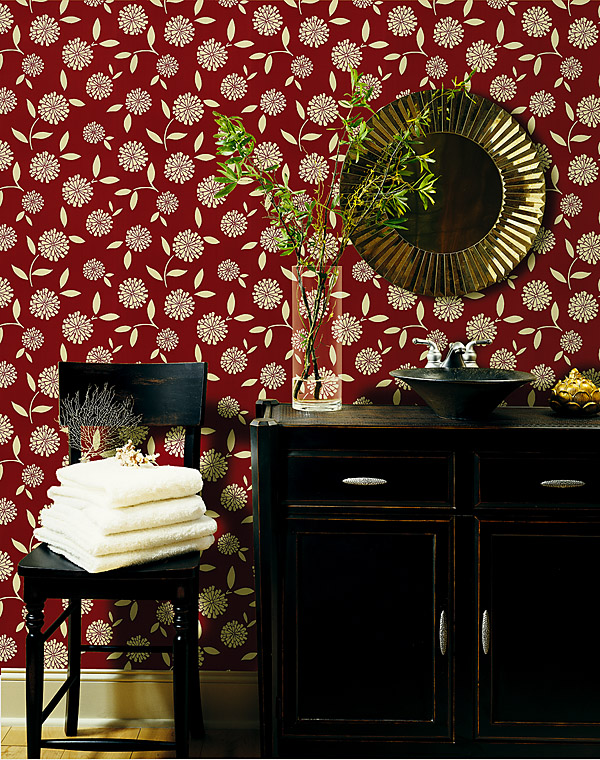 Red Bathroom Decor Idea with a Modern Floral Wallpaper