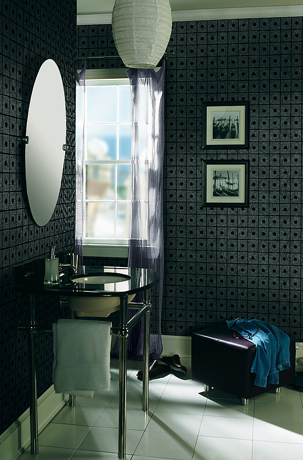 Domino Black Wallpaper in a Modern Bathroom Decor