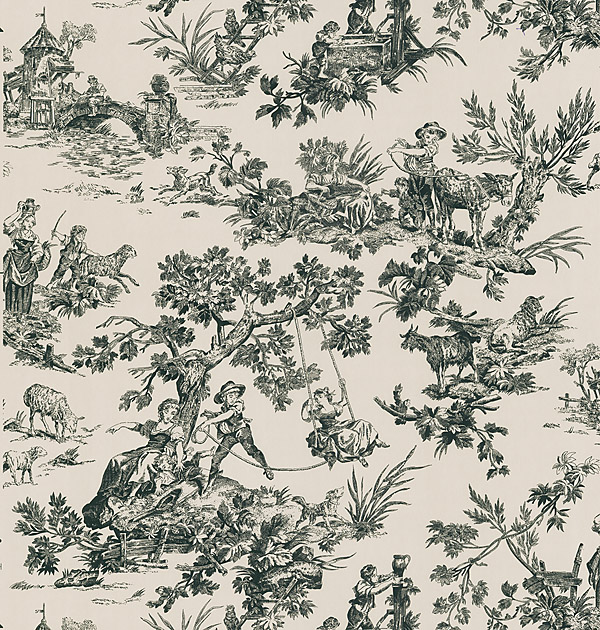 Black and White Toile Print Bathroom Wallpaper 