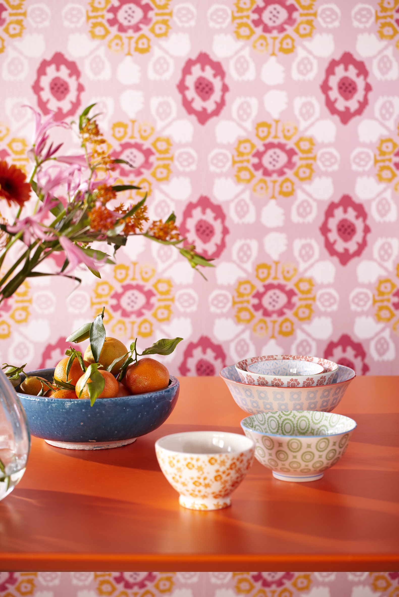 Valencia Pink and Orange Tropical Ikat Floral wallpaper design