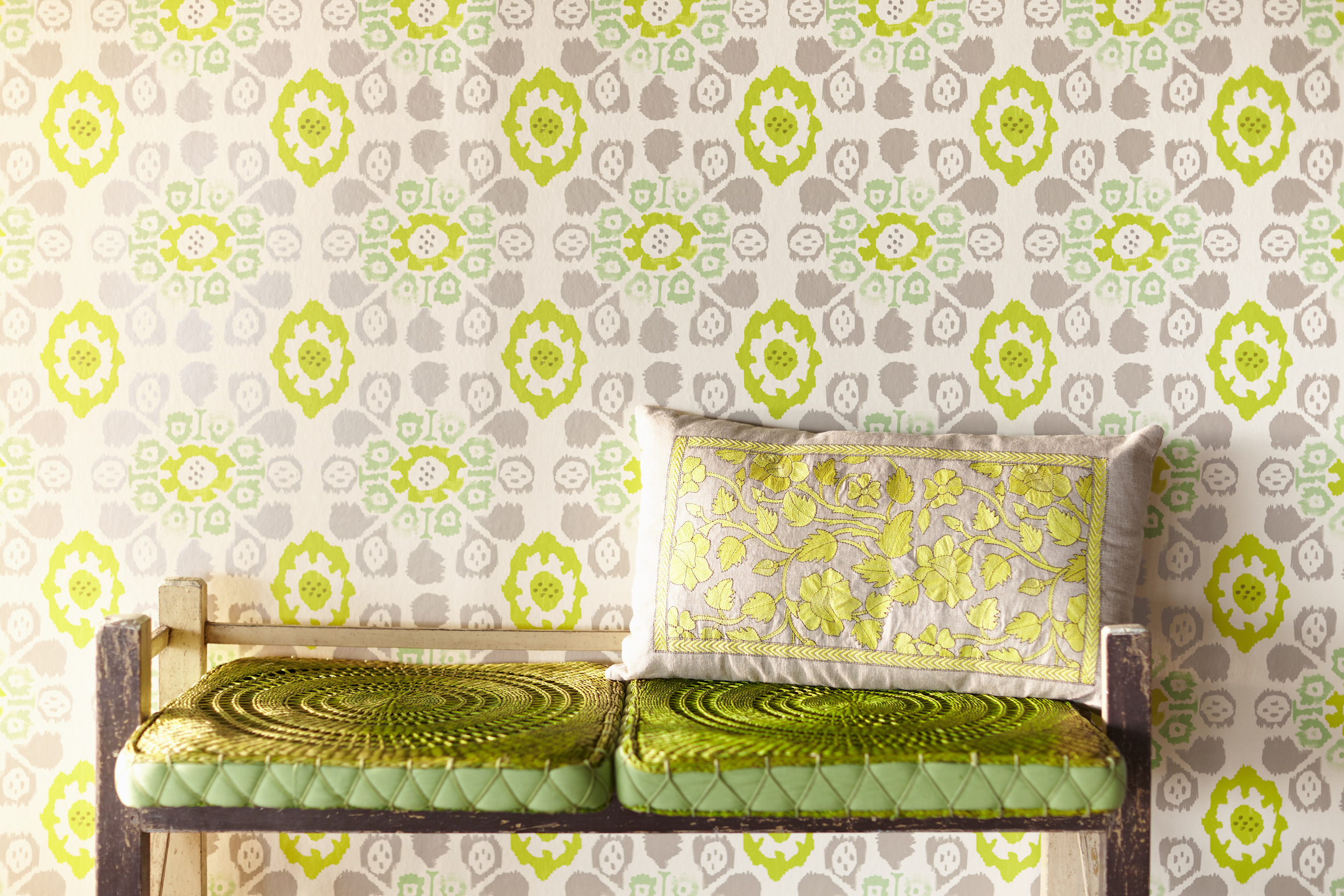 Valencia Green Tropical Ikat Floral wallpaper design