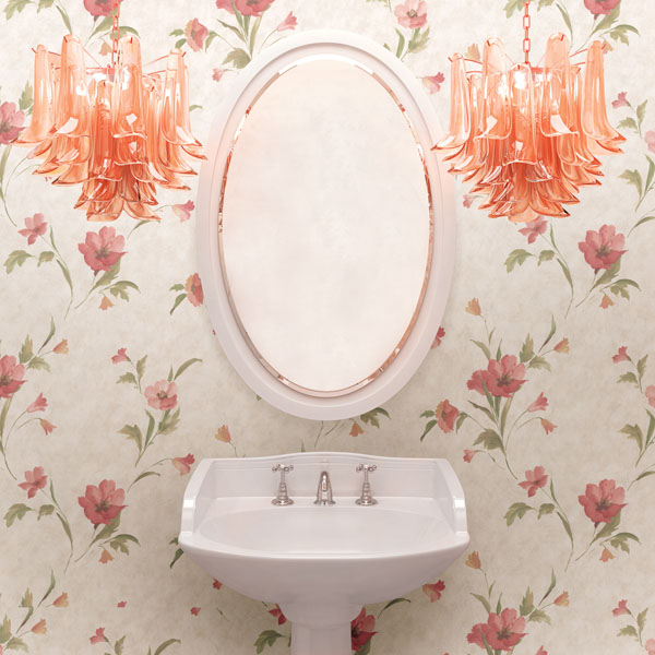 Modern Bathroom Decor DIea with a pretty floral wallpaper and beautiful chandelier