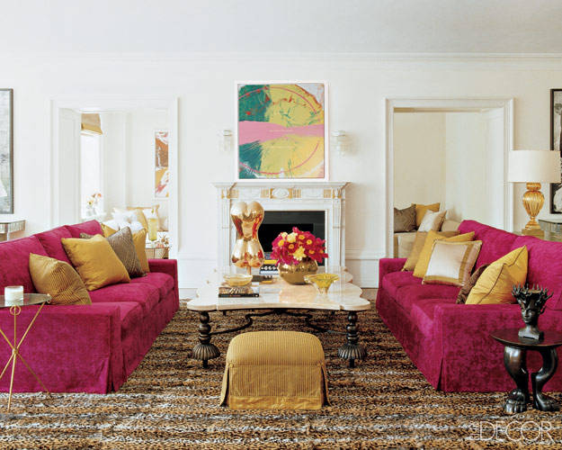 Jimmy Choo's living room with a leopard print rug photo via Elle Decor