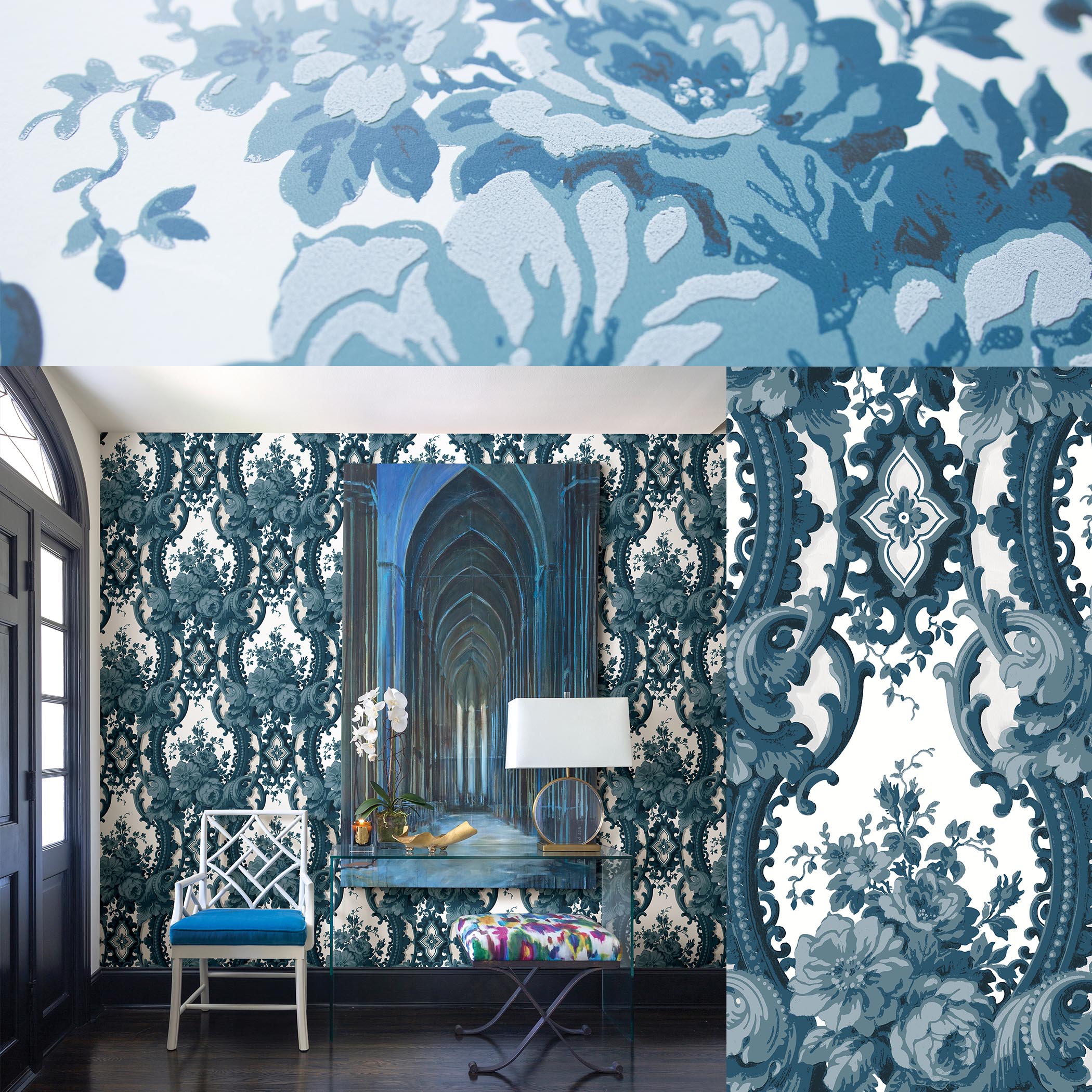 blue floral cameo wallpaper