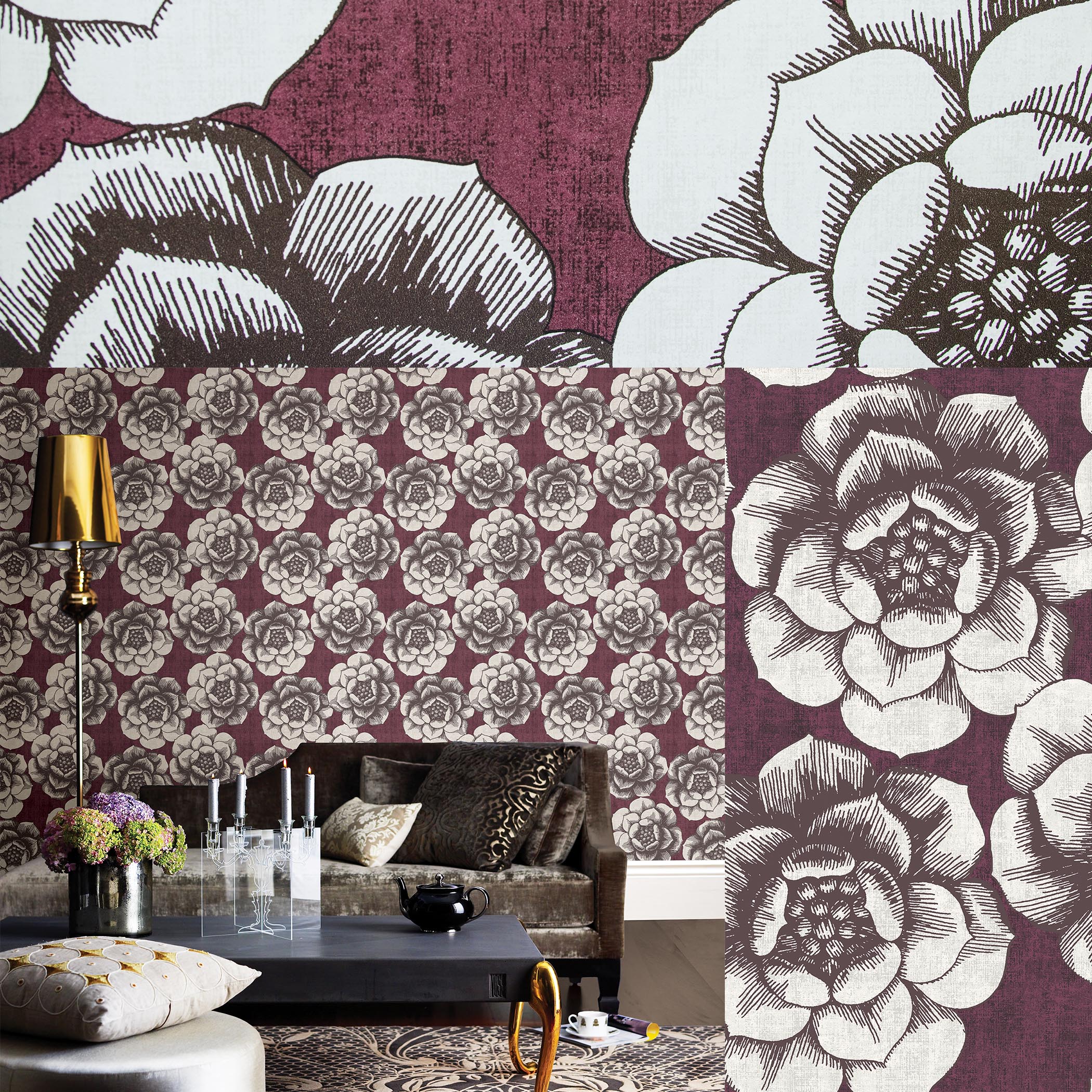 maroon plum floral wallpaper