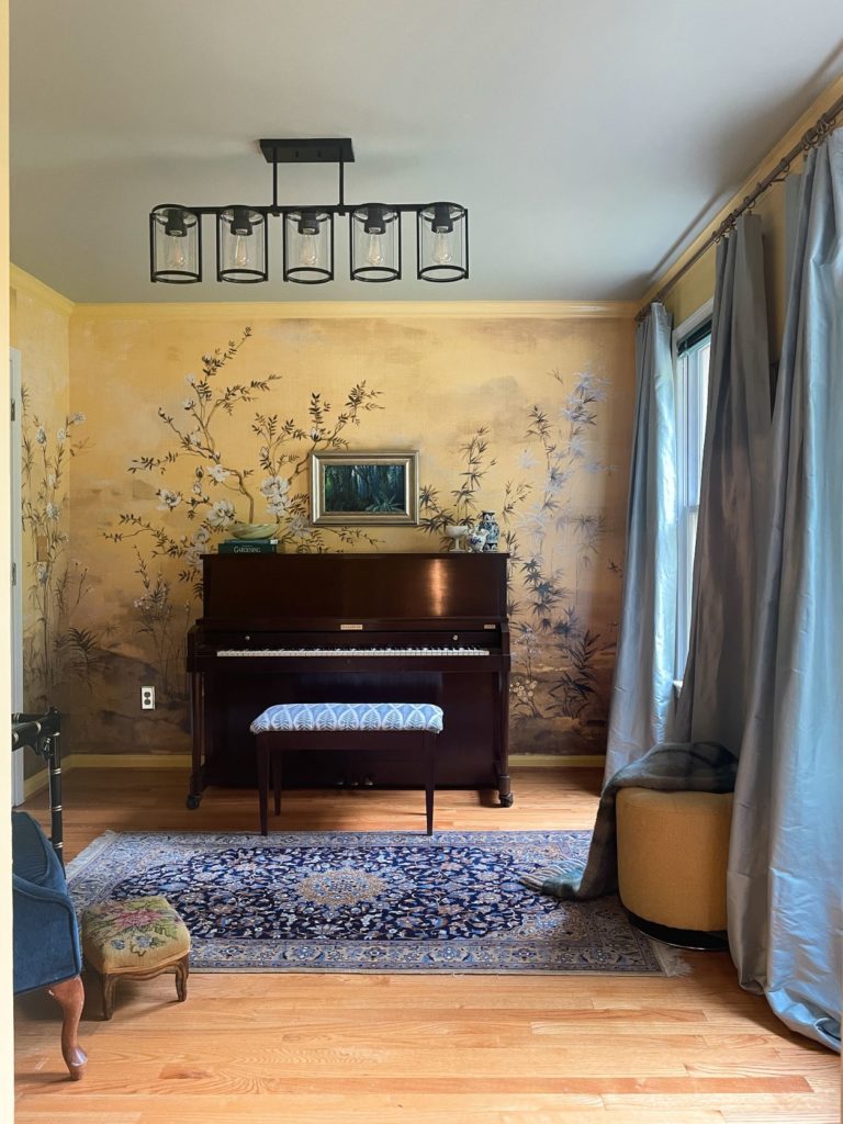 Gorgeous yellow chinoiserie music room